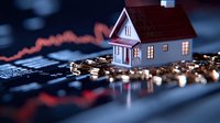 Small house model with glowing windows sits on calculator surrounded by coins with financial chart background for real estate investment concepts.