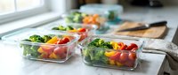 Healthy meal prep containers with fresh vegetables including broccoli, cherry tomatoes and bell peppers arranged on kitchen counter for weekly planning.