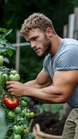 Muscular Caucasian man in gray t-shirt examining fresh tomatoes growing in garden. Strong farmer checking vegetable crop quality during harvest season.