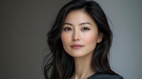 Asian woman with long black wavy hair and natural makeup against neutral gray background, suitable for portrait, beauty, and professional headshot applications.