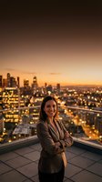 Confident businesswoman standing on rooftop terrace overlooking city skyline at sunset with arms crossed and warm smile for corporate success concepts.