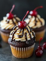Chocolate cupcakes with vanilla frosting, chocolate drizzle and maraschino cherries on top for dessert menu, bakery display or sweet treat celebration.