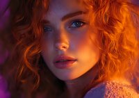 Young woman with vibrant red curly hair illuminated by warm sunset light against purple background, wearing natural makeup with red lips and blue eyes.