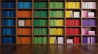 Colorful library bookshelf with rainbow organized books from blue to purple creating vibrant wall display for education and reading concepts.