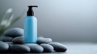 Minimalist spa composition with blue cosmetic bottle on black massage stones against blurred background, wellness and skincare concept.