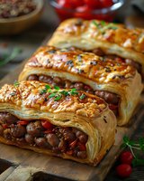 Flaky puff pastry roll filled with savory mushrooms and vegetables, garnished with fresh herbs and sesame seeds, served on wooden cutting board.