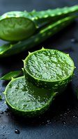 Fresh cut aloe vera plant leaves with natural gel on dark background with water drops, macro shot showing texture and healing properties.