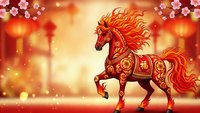 Ornate red horse with golden decorations and flowing mane against warm bokeh background with cherry blossoms for lunar new year celebrations.