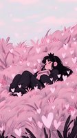 Young Asian woman with long black hair relaxing in pink fantasy garden surrounded by floating heart shapes and roses, drawn in anime style for romantic illustration.