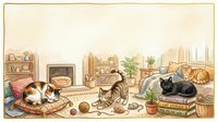 Cozy living room interior with multiple cats playing and resting among furniture, houseplants, and toys. Warm, inviting home environment suitable for pet-related designs and home decor projects.
