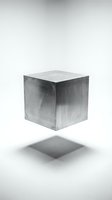 Minimalist floating metal cube with shadow on white background for modern design concepts and abstract presentations.