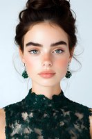 Young woman with natural freckles, blue eyes and messy updo hairstyle wearing emerald green lace dress and matching statement earrings against white background.