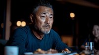 Mature Asian man with gray beard sitting at restaurant table looking thoughtful during evening dinner with warm ambient lighting and bokeh background.