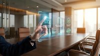 Business professional using futuristic holographic interface technology in modern conference room for digital transformation and innovation solutions.