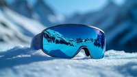 Ski goggles with blue mirrored lenses lying in fresh snow, reflecting winter mountain landscape and pine trees against bright blue sky background.