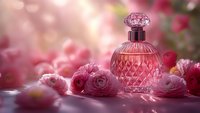 Elegant pink crystal perfume bottle surrounded by soft roses in dreamy romantic setting with warm sunlight and bokeh effects for luxury beauty concepts.