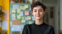 Young professional woman with short brown hair smiling confidently in modern office workspace with colorful sticky notes on wall behind her.