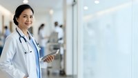 Asian female doctor in white coat holding tablet in modern hospital corridor with medical team background for healthcare technology concepts.