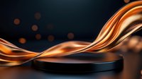 Black cylindrical podium with flowing golden light trails and bokeh effects on dark background for luxury product display and presentation.