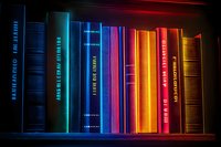 Colorful book spines arranged on wooden shelf illuminated by vibrant neon lighting creating dramatic rainbow effect, suitable for education and literature concepts.