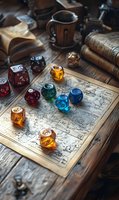 Colorful polyhedral dice arranged on vintage map with ancient books, wooden table and coffee cup creating magical tabletop gaming atmosphere for fantasy roleplay setup.