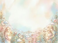 Whimsical nursery border featuring cherubs, celestial moons, blooming flowers, and vintage toys arranged in a decorative frame with soft pastel watercolor washes, ideal for baby shower invitations, greeting cards, and children's book illustrations.