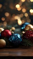 Festive Christmas ornaments in red, blue, and gold with pine branches on wooden surface against warm bokeh background.
