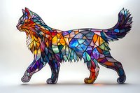 Colorful geometric cat silhouette with stained glass mosaic pattern in vibrant rainbow colors on light background, artistic animal illustration for modern decor.