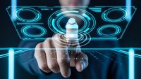Businessman touching futuristic holographic interface with glowing blue circles and digital elements in modern technology concept for innovation.