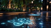 Glowing blue hexagonal shapes on wet reflective surface with bokeh lights and rain drops creating atmospheric night scene with magical illumination effect.
