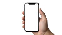 Hand holding modern smartphone with blank white screen isolated on white background for app presentation and mobile mockup design.