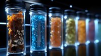 Colorful liquid samples in glass containers lined up in laboratory setting with dramatic lighting, scientific research and chemical analysis background.