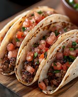 Mexican street tacos with seasoned ground beef topped with fresh pico de gallo salsa on grilled corn tortillas, served on wooden cutting board.