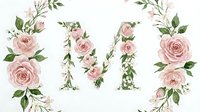 Floral arrangements with pink roses and green foliage frame the word "mom" in botanical style, suitable for Mother's Day cards, greeting designs, and celebratory artwork.