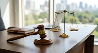 Legal office desk with wooden gavel, brass scales of justice and law books near window overlooking city skyline for attorney consultation services.