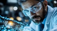 Middle Eastern male scientist wearing protective glasses examines glowing digital circuit board in laboratory, surrounded by futuristic blue technology visualization effects.