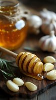 Golden honey dripping from wooden dipper with jar, fresh garlic cloves and rosemary on rustic wooden board, natural ingredients for homemade remedies.