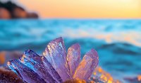 Natural ice crystal formation on beach at sunset with turquoise ocean waves, golden light illuminating translucent frozen structure in macro photography.