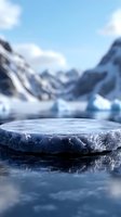Frozen circular ice platform against snowy mountain backdrop with reflective water surface, creating natural winter stage for product display and advertising.