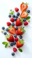 Fresh mixed berries with strawberries, blueberries and raspberries on white background. Healthy organic fruit arrangement with mint leaves for food design.