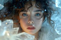 Ethereal fantasy portrait of young Asian woman with bright blue eyes and curly dark hair surrounded by magical glowing particles and feathers in dreamy atmosphere.