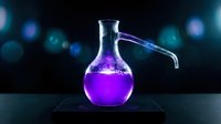 Laboratory flask with purple liquid and glass tube on dark background with bokeh lights for scientific research and chemistry experiments.
