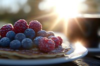 Fresh raspberries and blueberries on pancakes with morning sunlight creating magical bokeh effect, close-up food photography for breakfast menu design.