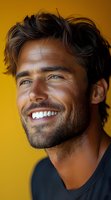 Confident Hispanic man with bright genuine smile and stylish beard against vibrant yellow background, wearing casual black t-shirt. Portrait captures natural joy and warmth.