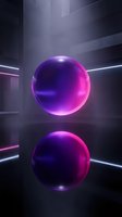 Glowing neon purple spheres floating in modern futuristic corridor with reflective floor and geometric architecture, emitting vibrant magenta light for sci-fi and tech designs.