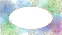 Watercolor floral frame with oval white space for text, delicate line art flowers and swirls in pastel blue green purple tones for wedding invitations greeting cards.