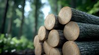 Fresh cut logs stacked in green forest showing wood grain texture and annual rings. Natural lumber harvesting with soft bokeh background creates sustainable forestry scene.