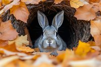 Gray rabbit peeks out from dark burrow surrounded by vibrant autumn leaves in orange and yellow colors, creating seasonal wildlife composition.