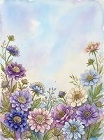 Watercolor floral border with purple, blue, and pink wildflowers on a soft pastel background, perfect for greeting cards and stationery.
