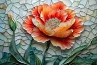 Vibrant coral peony mosaic artwork featuring detailed ceramic tile pieces in crackled pattern. Textured floral wall decor with green leaves and dimensional layered petals.